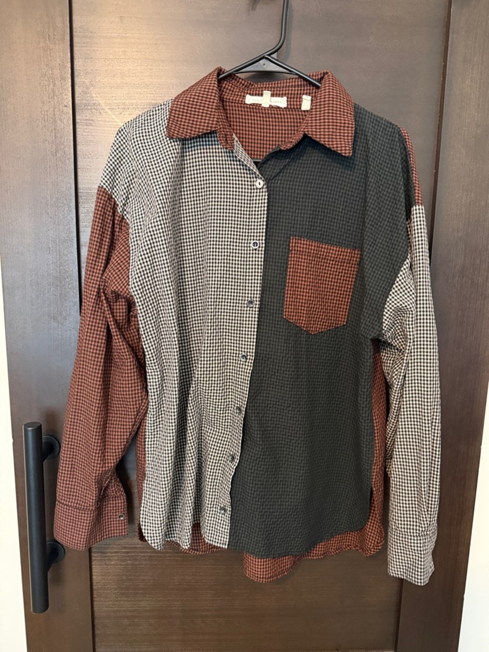 Gilded Intent Patchwork Button-Down Shirt in Rust, Black & White
